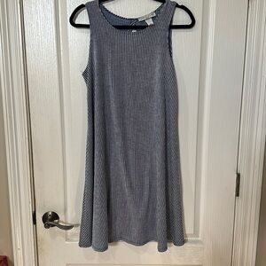 Jamie and Layla petite, small blue and white sleeveless dress